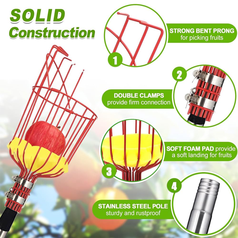 Cueille Fruit,2.6M Outils de Cueillette des Fruits avec Levier Réglable, Cueilleur de Fruits Amovible,Cueille Cerise,Cueille Pomme Livré avec Poteau en Acier Inoxydable, Tampon éponge et Panier