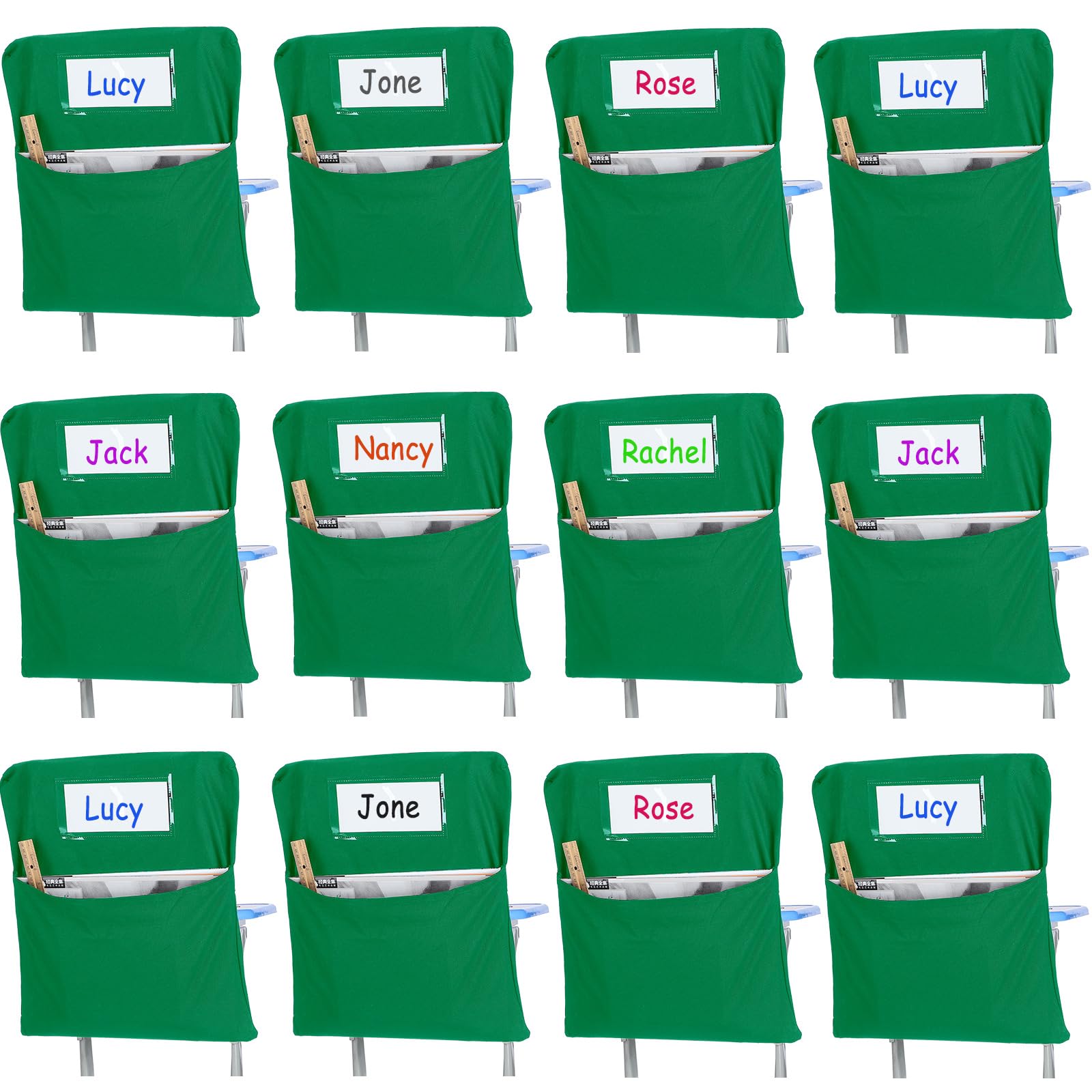 24 tasche portaoggetti per sedie da 43 cm, tasche per sedie per aule, tasche per sedie per studenti, organizer per sedie in classe, con etichetta per il nome, per mantenere organizzato il libro degli