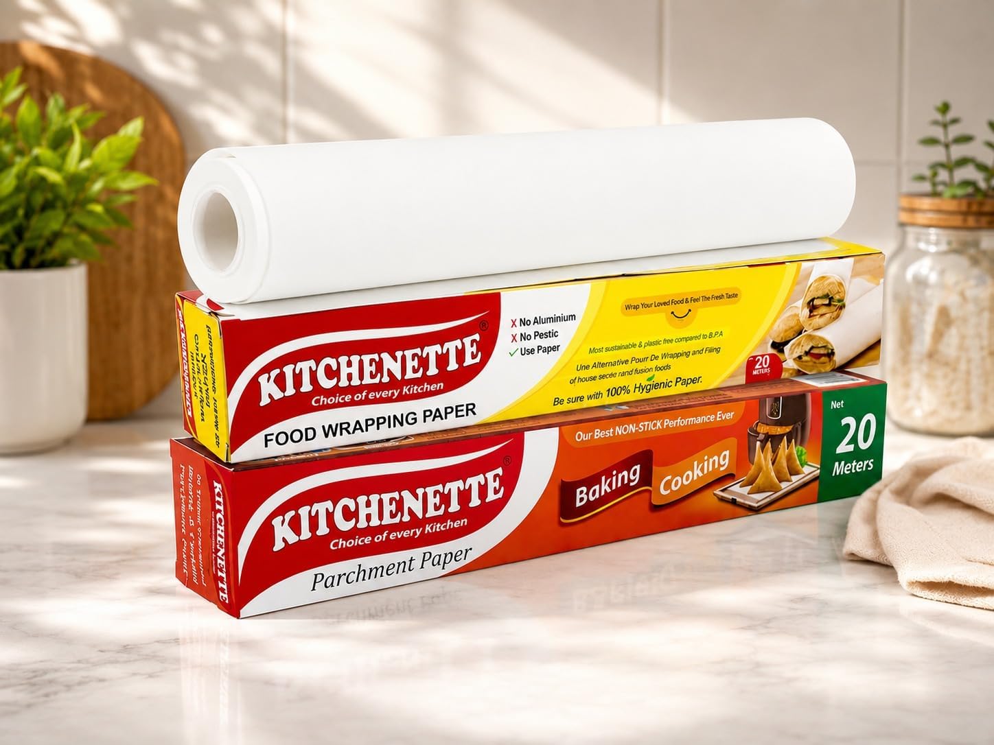 Kitchenette Food Wrapping Paper + Parchment Paper Roll 20 Meter Comboo | Non-Stick Butter Paper for Baking Cake, Oven & Air Fryer | Heat Resistant Cooking & Baking Paper