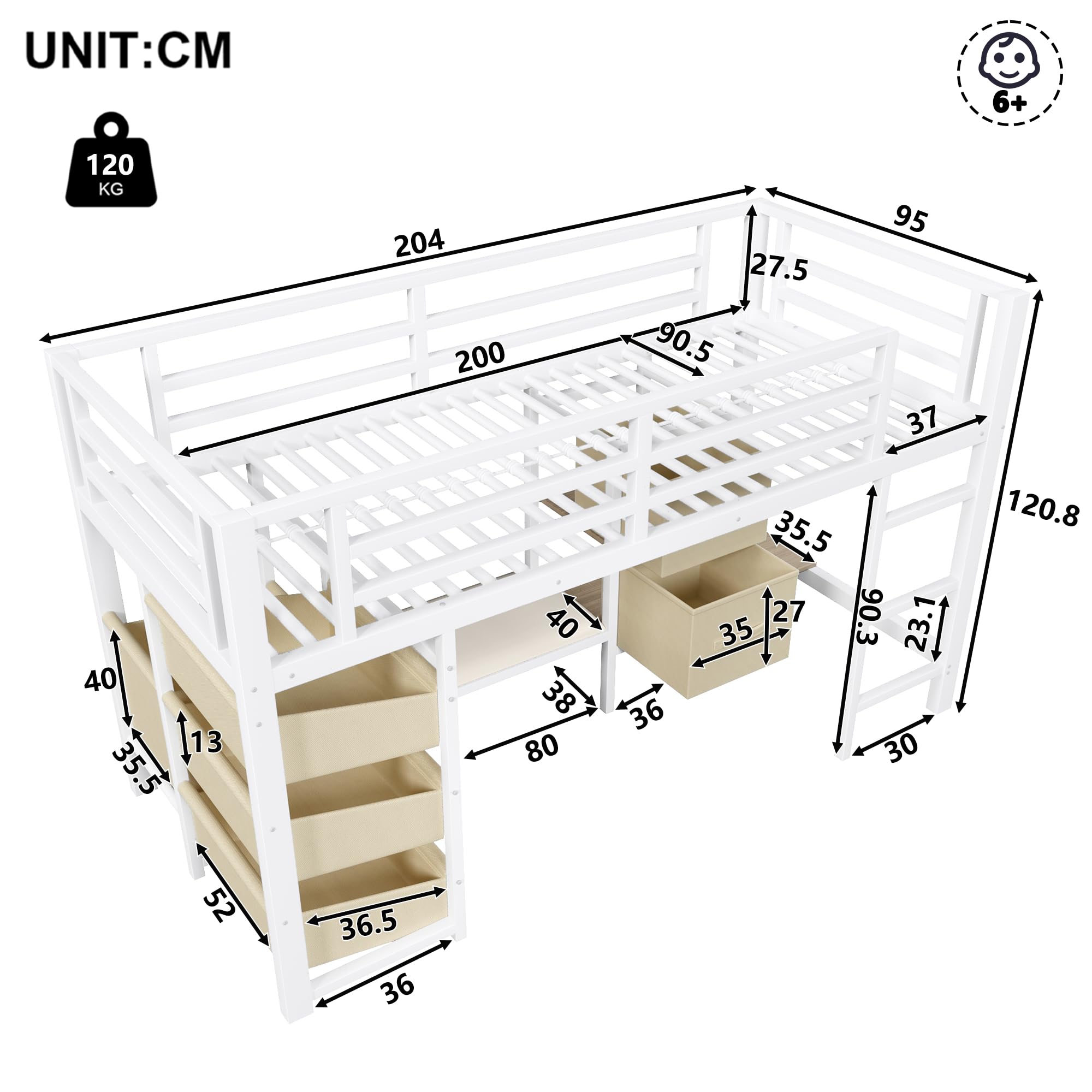 Lit enfant 90x200 avec LED,coussin d'assise,tiroir de rangement en tissu,sac de rangement en tissu,espace patère,lit mezzanine enfant en métal,cadre de lit mi hauteur 90x200 avec sommier (A-Blanc)
