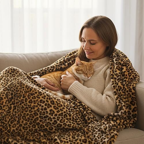 Miniatura 6 de MACEVIA Manta de franela de vellón King para sofá, estampado de leopardo para adulto, mullida, acogedora, suave y esponjosa, guepardo para cama y