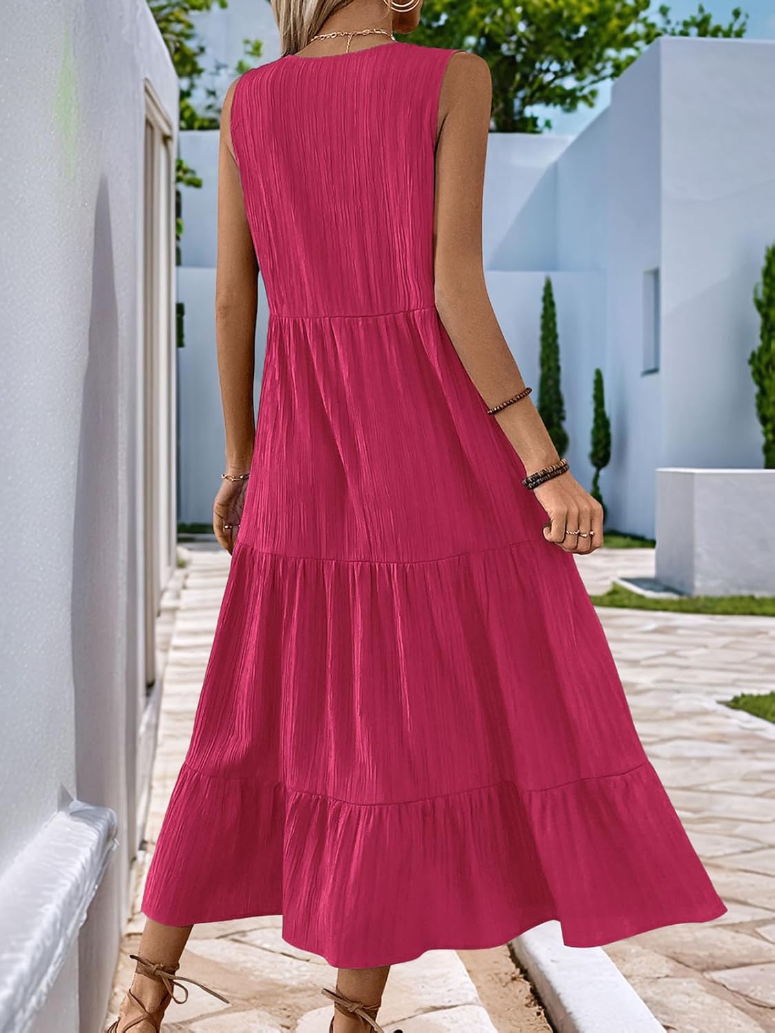 HELYO Women's Casual Summer Dress 2026 Sleeveless V Neck Button Beach Sundress Tiered Ruffle Flows Skirt Midi Dresses - Image 2