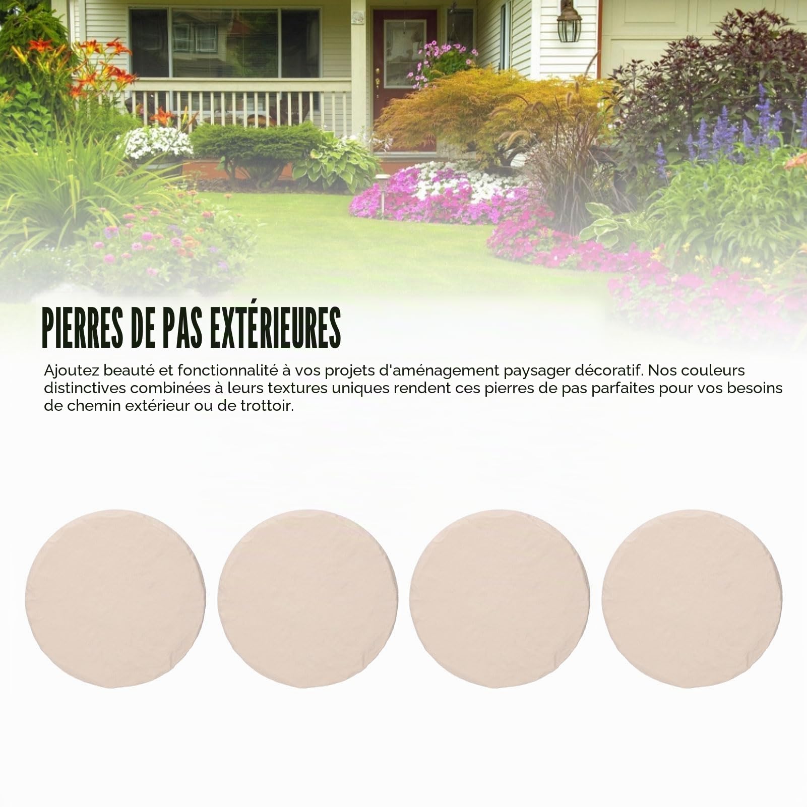 Lot de 4 Pas Japonais Ronds avec Piquets, Pour Allée de Jardin et Chemin sur Pelouse, Diamètre 40 cm (beige)