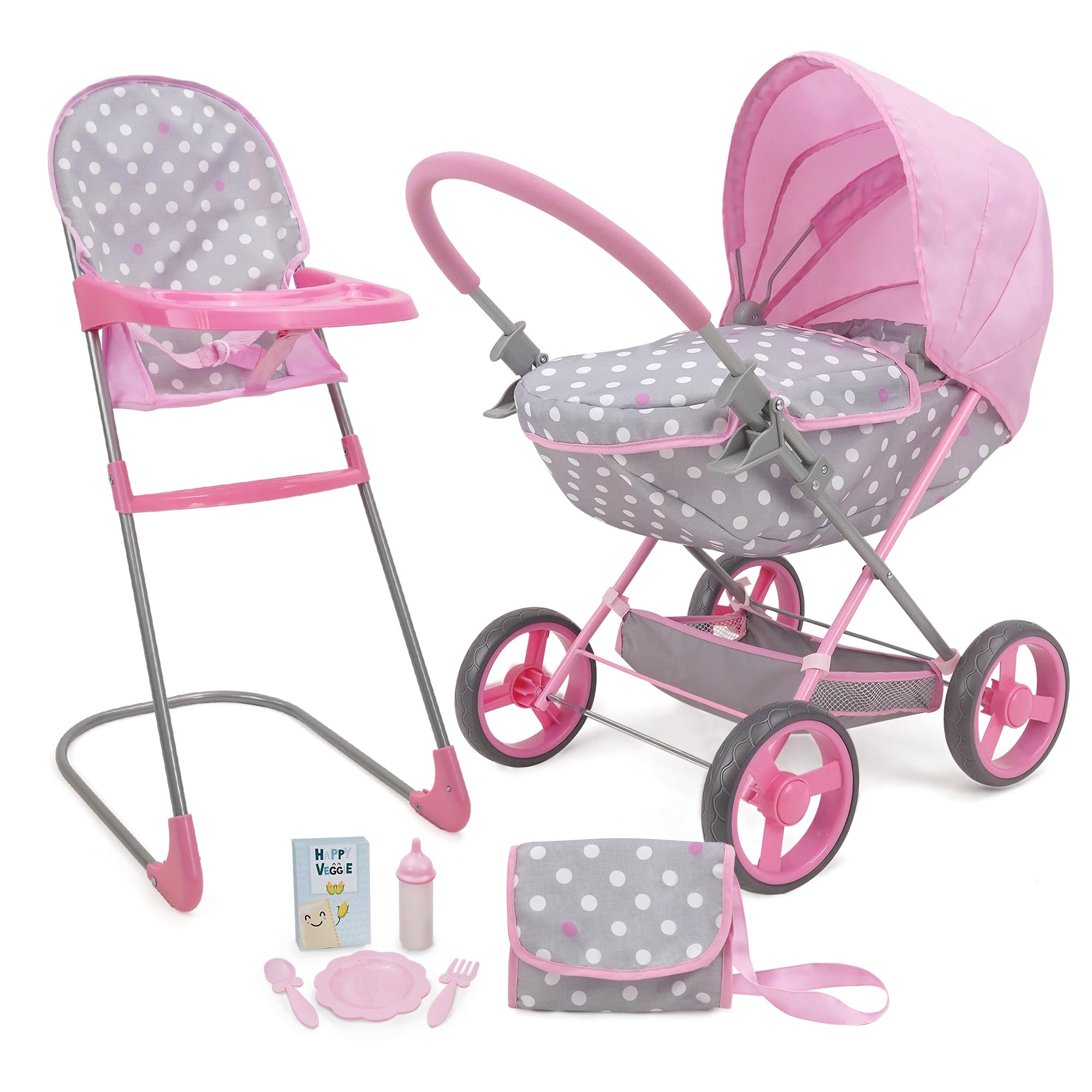 509 Crew Doll Pram n Feed 8 Piece Combo Play Set, Classic Doll Pram, Doll High Chair, Diaper Bag, 5 Piece Feeding Toys, for Dolls 46cm, Pretend Play for Kids Ages 3+