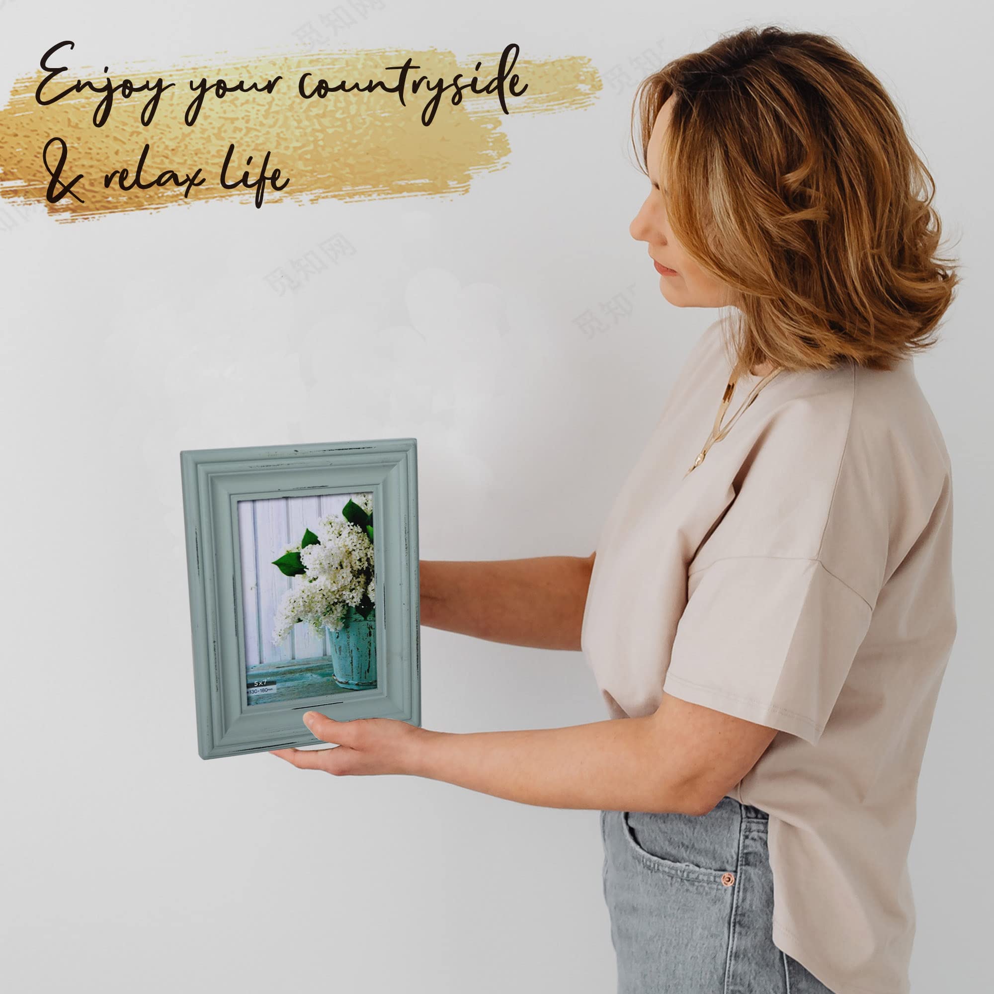 Buecasa Rustic 5x7 Inches Wooden Picture Frame Pack of 2 Vintage Cyan and White in Gift Box - Distressed Wood High Definition Glass Photo Frame Outside 7.9x9.9 Inches - 2 Way Display Tabletop or Wall Mount