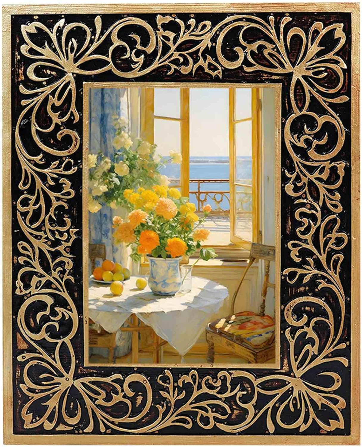 Vintage Picture Frame 5x7, Baroque Black Gold Floral Embossed Photo Frame, Antique Retro Photo Frames for Wall or Tabletop Display, Resin Old-Fashioned Picture Frames for Home Decor