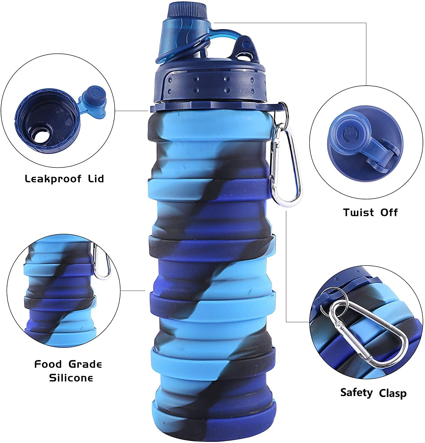 Faltbare Wasserflaschen, 500 ml, tragbar, auslaufsicher, Reiseflasche, 2 Stück, für Camping, Wandern, Outdoor-Sport, leichter faltbarer Wasserbehälter