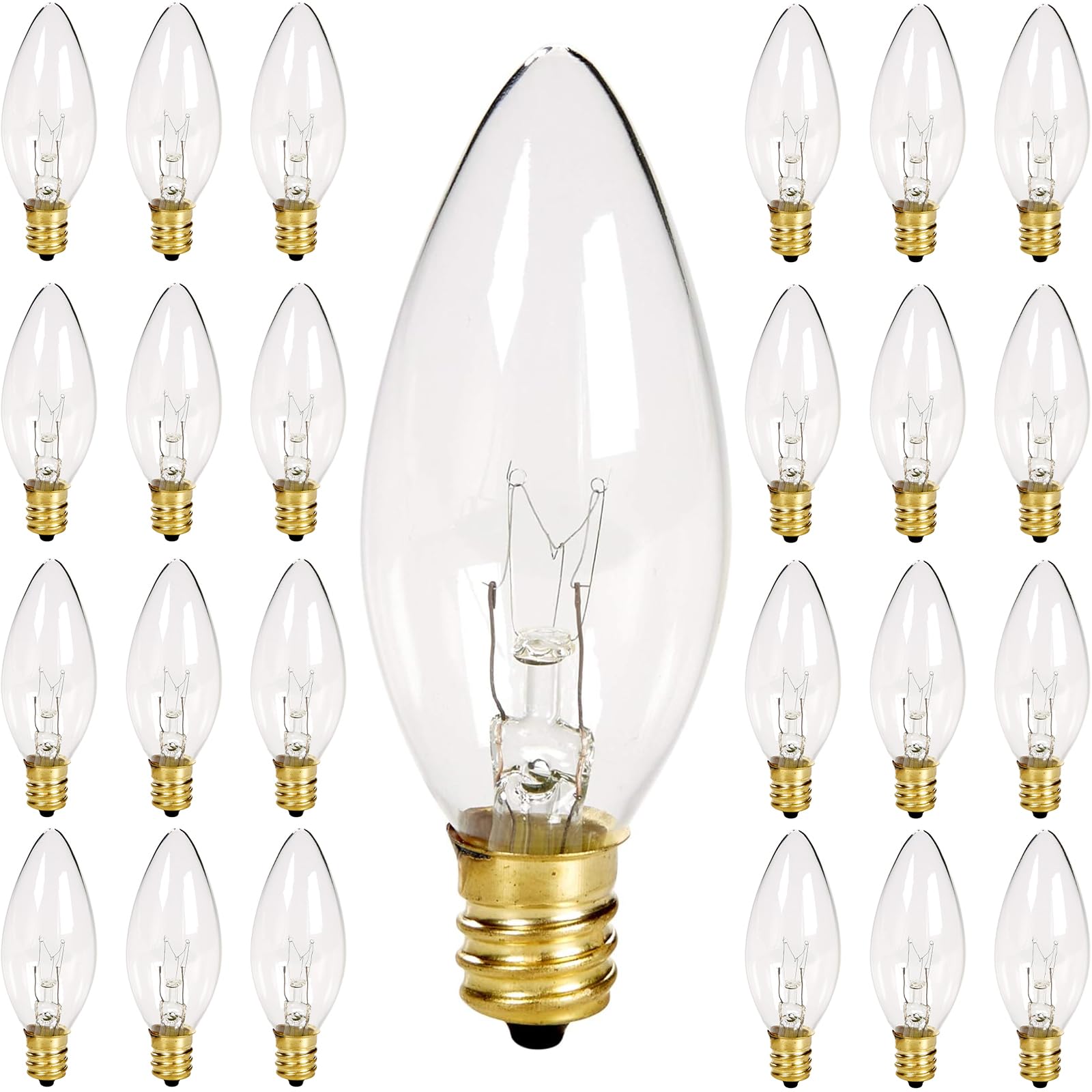 25 Pack Candle Light Bulbs, C26 Clear Torpedo Tip Candelabra Replacement Bulbs, 7 Watt Night Light Bulbs for Chandeliers, Electric Candle Lamp, C7/E12 Base