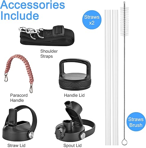 Miniatura 4 de Botella de agua aislada de 32 onzas con asas de paracaídas, correa, tapa de popote y tapa de boquilla, vaso de agua de acero inoxidable de metal,