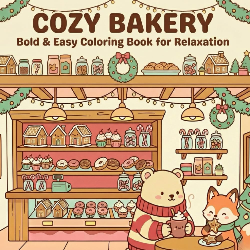 COZY BAKERY COLORING BOOK: Bold and Easy Christmas Coloring Book – Kawaii Sweets, Holiday Snacks, Gingerbread Cookies and Warm Cafe Drinks for Relaxation