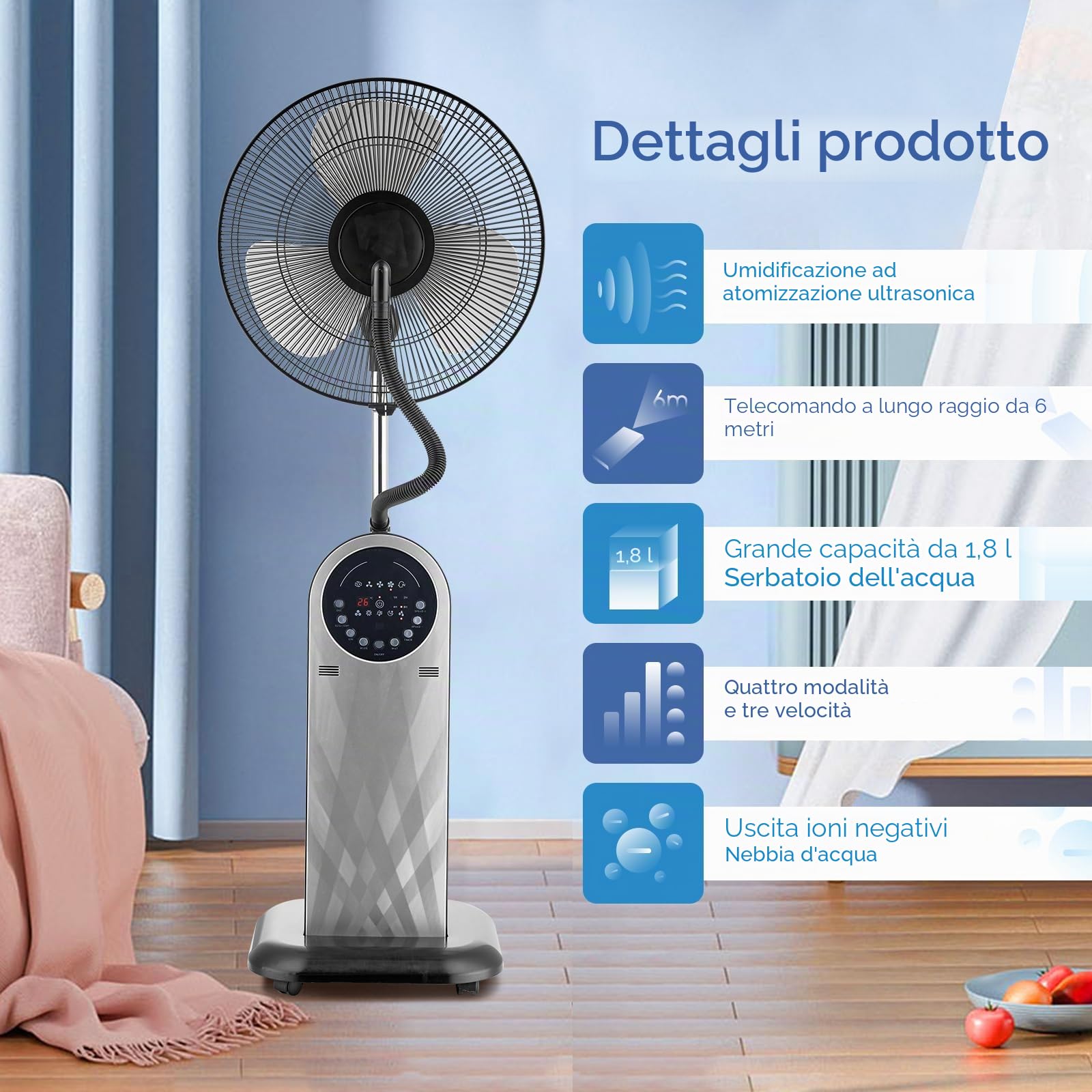 Aigostar Ventilatore nebulizzatore interno Silenzioso, 95W con telecomando, Timer programmabile fino a 8 ore, funzione ionica, display LED - Forest Mist