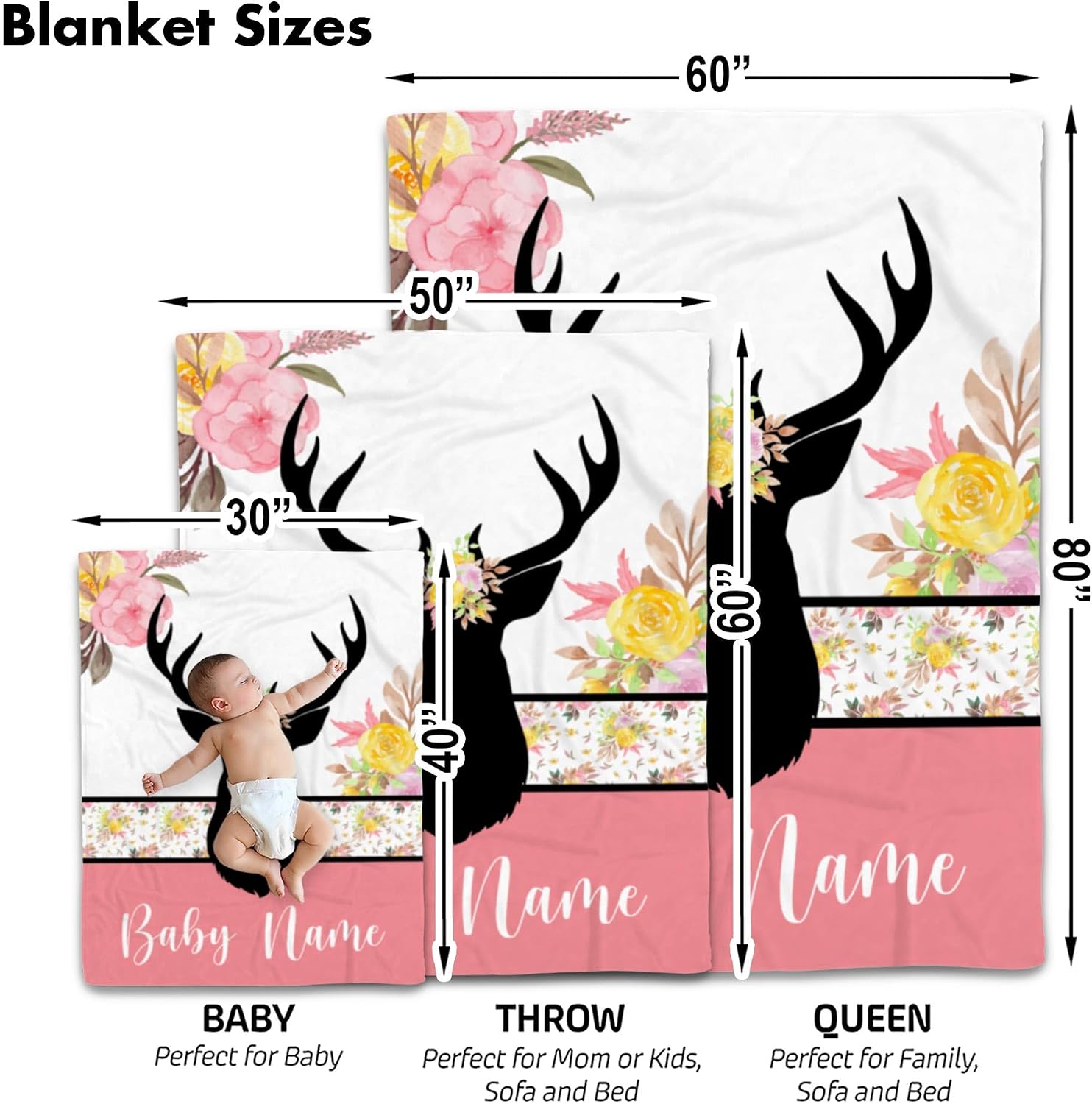 Personalized Deer Baby Blanket, Custom Name Soft Fleece Throw, Floral Antler Nursery Decor, Newborn Girl Receiving Blanket