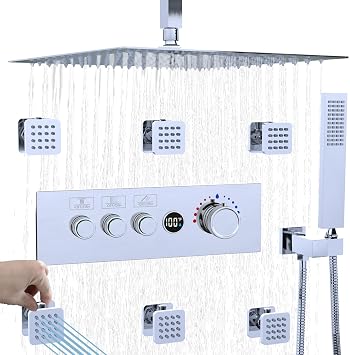Chrome Thermostatic Shower System, Digital Temperature Display Push Button Shower Faucet Set, 16 Inch Rain Shower Head with Handheld Spray & 6 Body Jets, All Functions Simultaneously Use