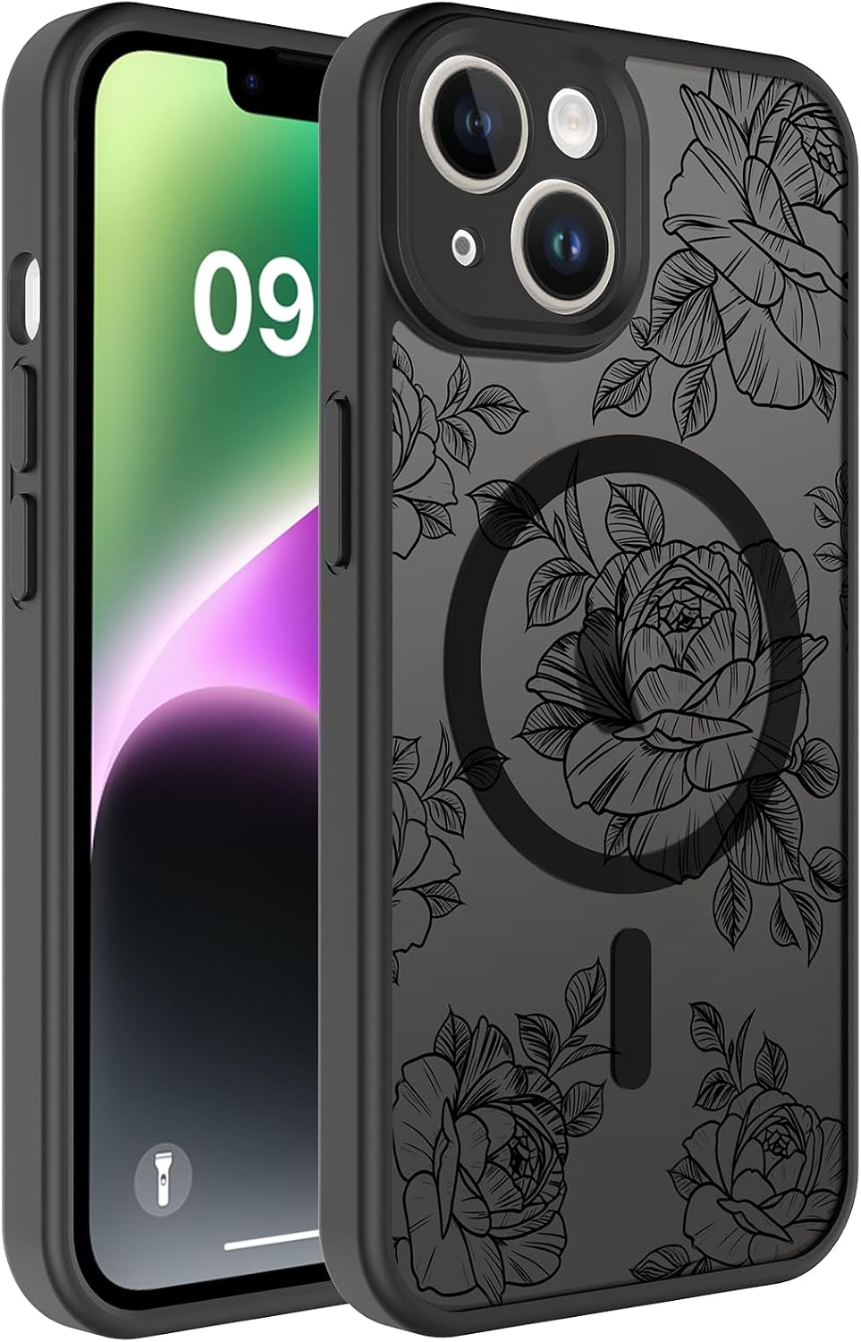 for iPhone 13 Case,Cute Black Line Art Floral Print Fit for Magsafe