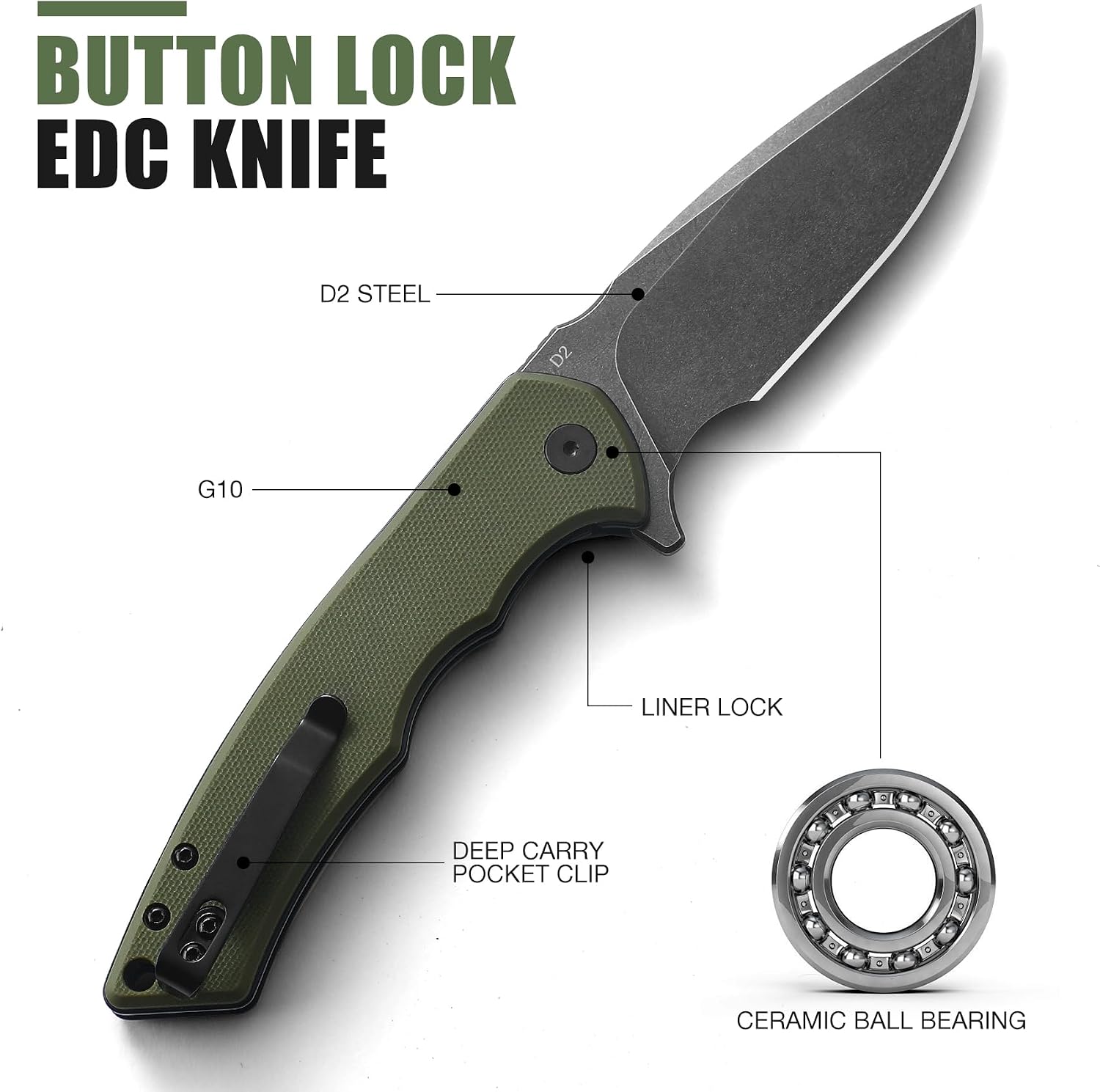 VIRENKNIFE Pocket Knife,3.75" D2 Steel Blade Folding Knife with G10 Handle，Pocket Clip ，EDC Knife for Camping Hiking ，Gift for Men and Women（Green）