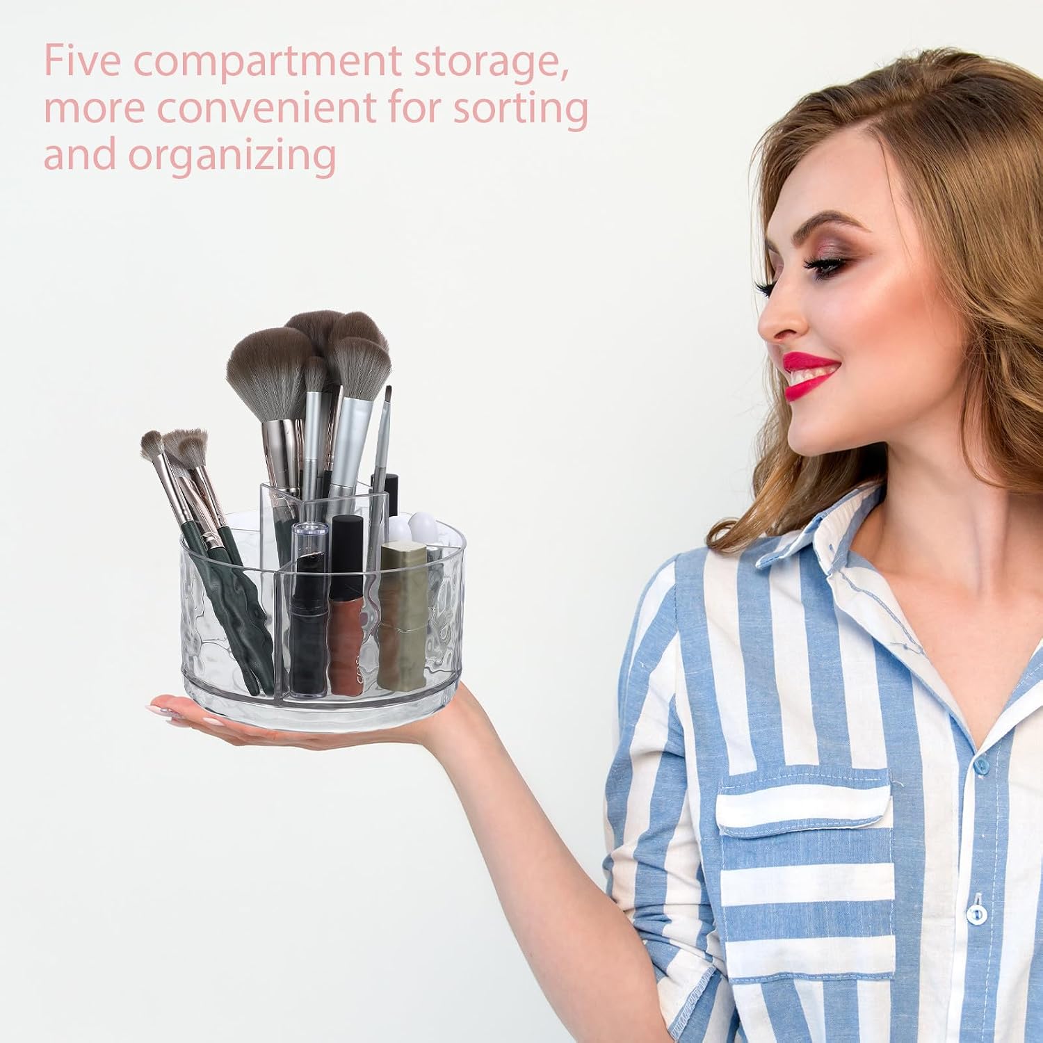 Rotatable Makeup Brush Holder with Compartments for Desktop Organizer