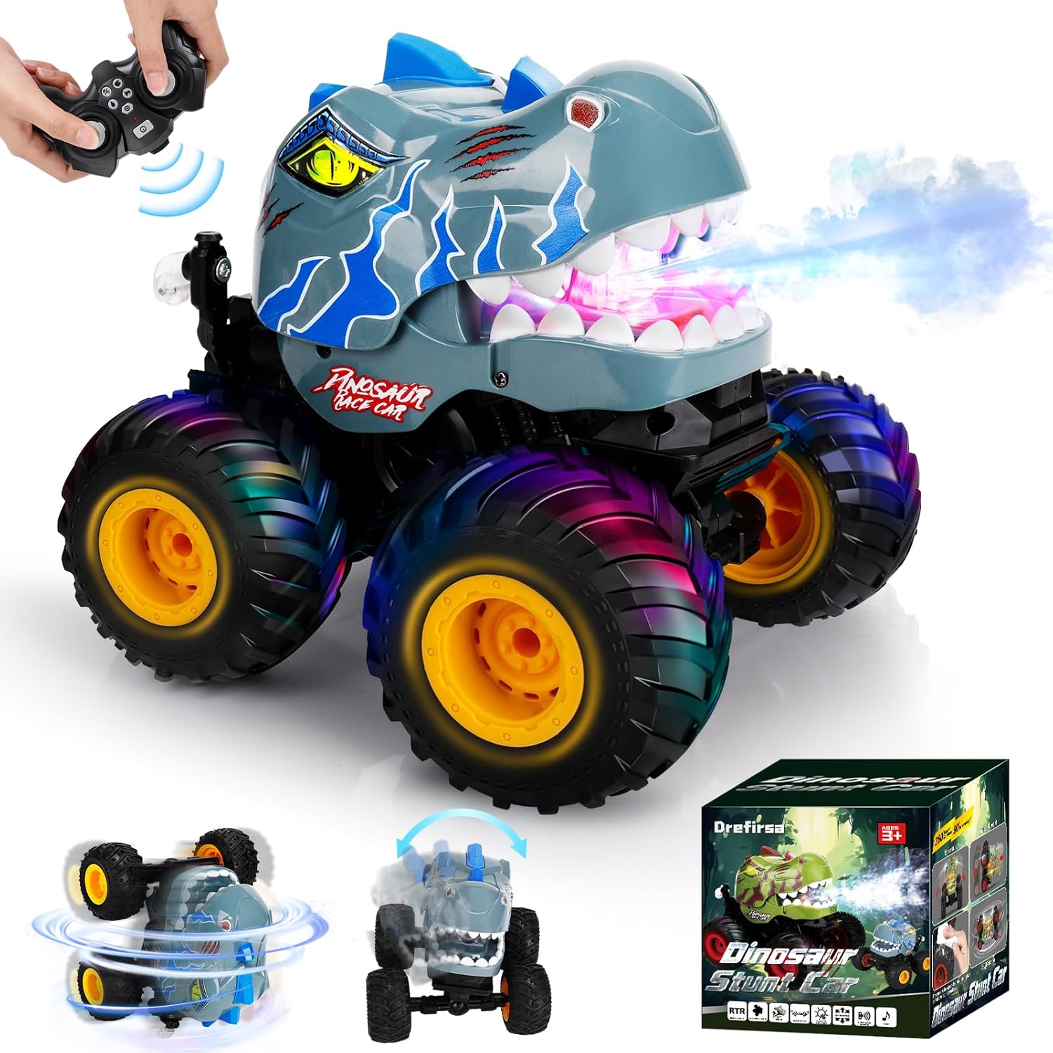 Drefirsa Remote Control Car for Boys 4-7 8-12, Dinosaur Monster Truck Toys with 50min+ Runtime, Spray, LED Light, 360° Rotating & 90° Driving, RC Stunt Car for Kids Birthday