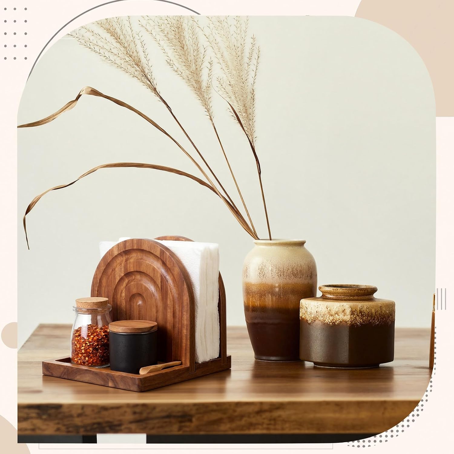 Acacia Wood Napkin Holder with Salt and Pepper Shaker Caddy