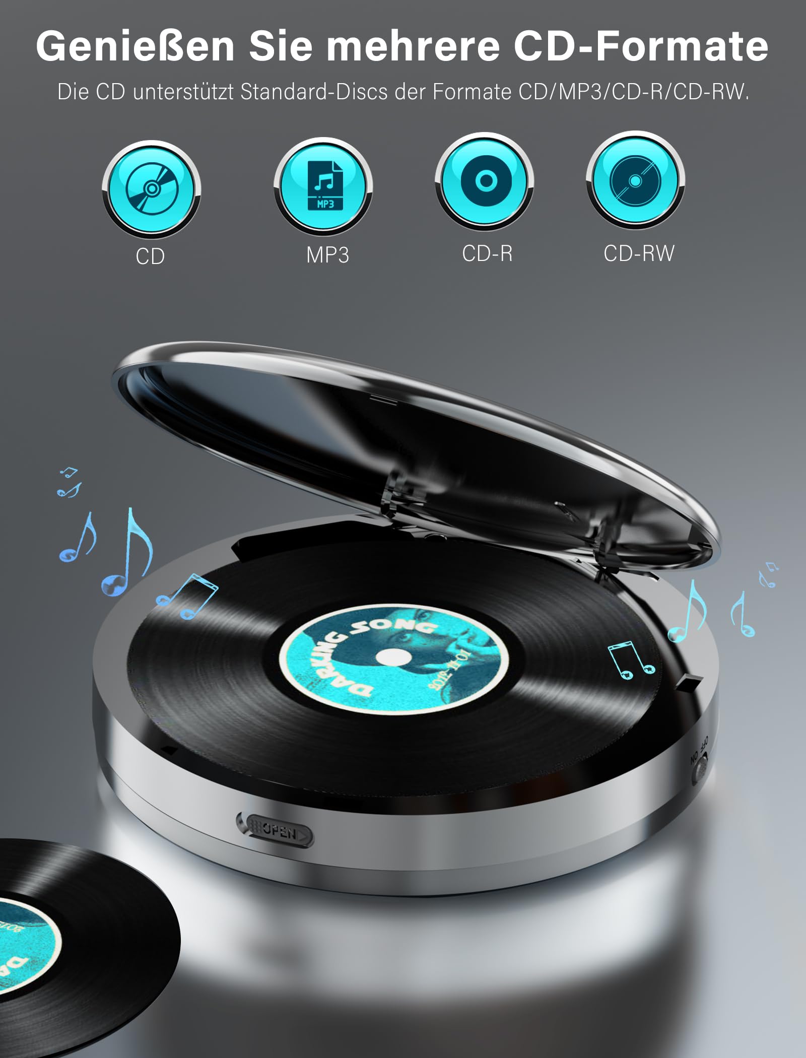 Discman-CD-Player mit Bluetooth-FM-Transmitter, Kopfhörern, LCD-Bildschirm, AUX, integriertem Lautsprecher, USB-Anschluss, 2000mAh wiederaufladbarer CD-Player tragbarer mit Anti-Skip-Schutz