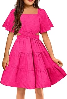 Girls Dresses Square Neck Cut Out Shirred Party Cute Tween Dress - Buy now