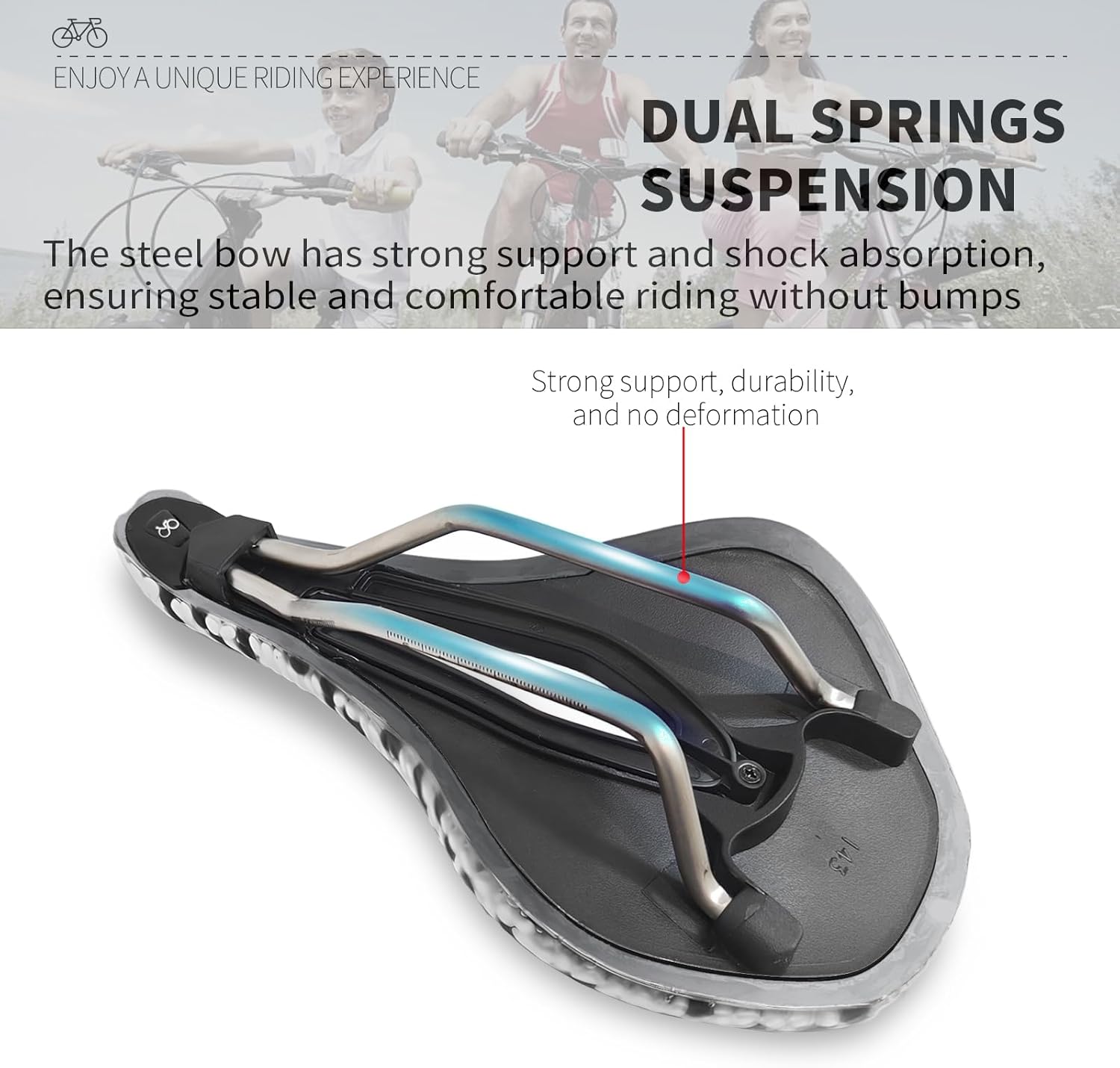 Bike Seat with E-TPU Shock Absorption & Dual Suspension,Comfortable Bicycle Saddle for Road & Mountain Bikes, Ergonomic Bicycle Seat (White and Black)