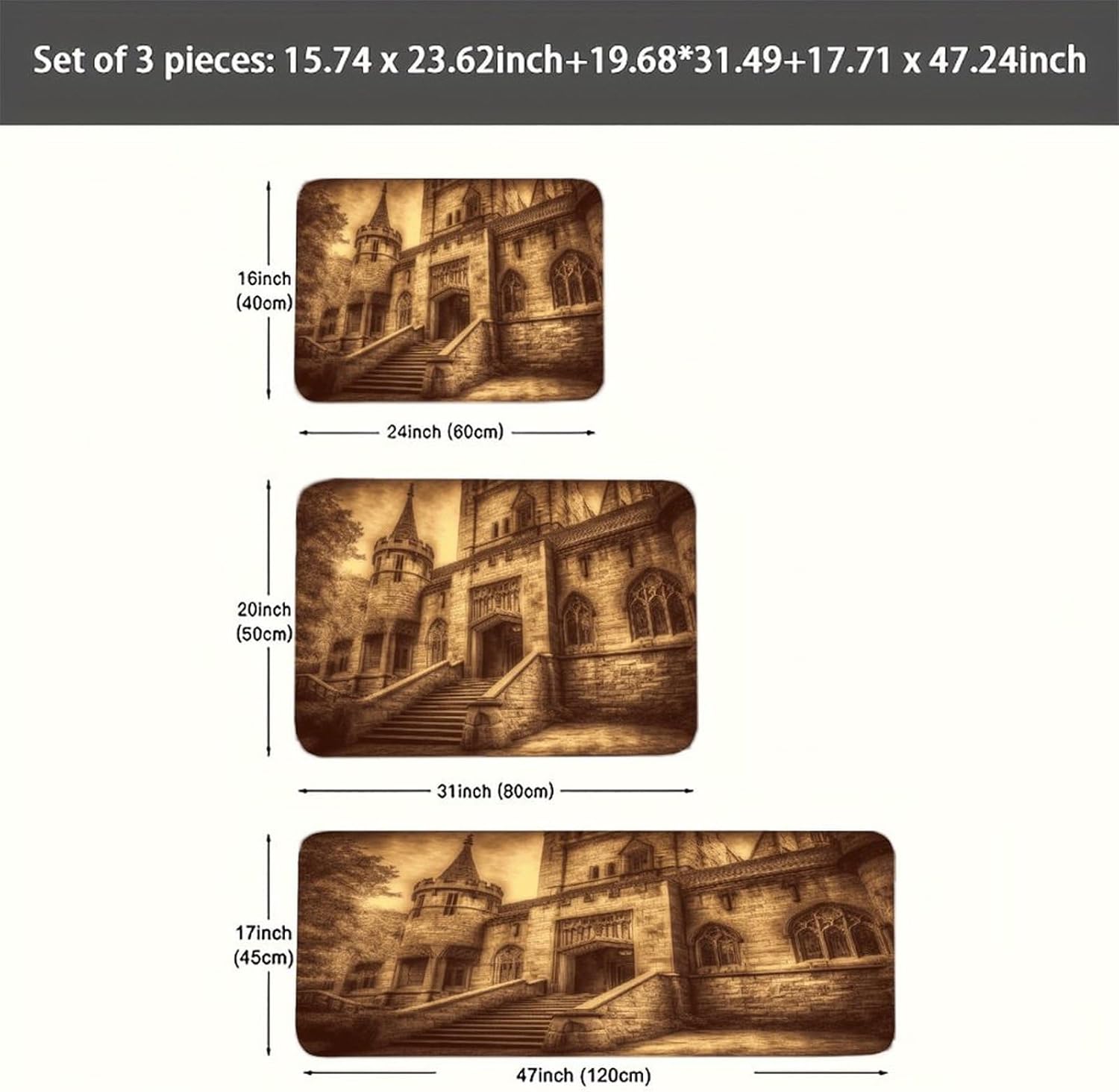 Vintage Medieval Castle Kitchen Mat Set of 3 Waterproof Floor Mats Non-Slip Kitchen Rugs Premium Flannel Rug Heavy Duty Standing Mat for Kitchen Home Bathroom Laundry