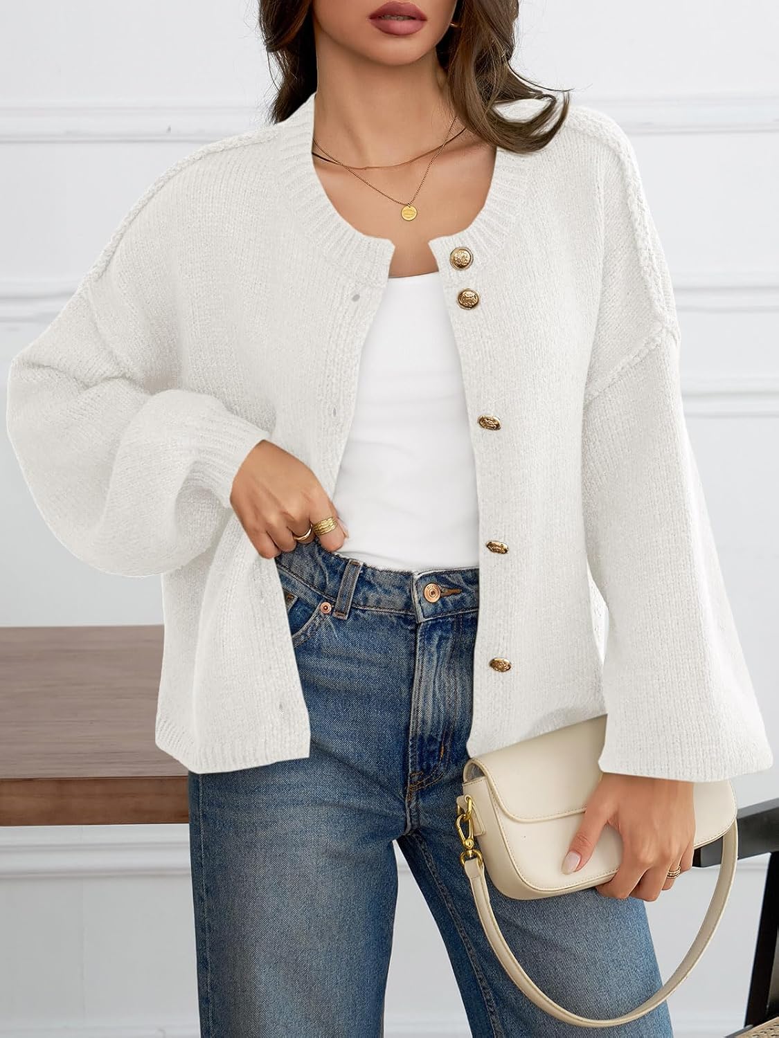 Saodimallsu Womens Oversized Cardigans Button Up Long Lantern Sleeve Chunky Knit Casual Soft Fall Sweater Coats - Image 2