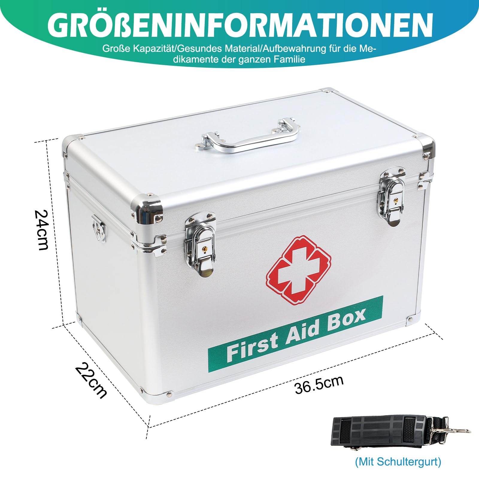 Werschließbare Medikamentenbox, Abschließbare Medizinbox Aufbewahrungsbox mit Tragegriff & Tragegurt 36.5 x 24 x 22 cm, Medikamenten Aufbewahrung Erste Hilfe Koffer für Haus Schule Krankenhaus