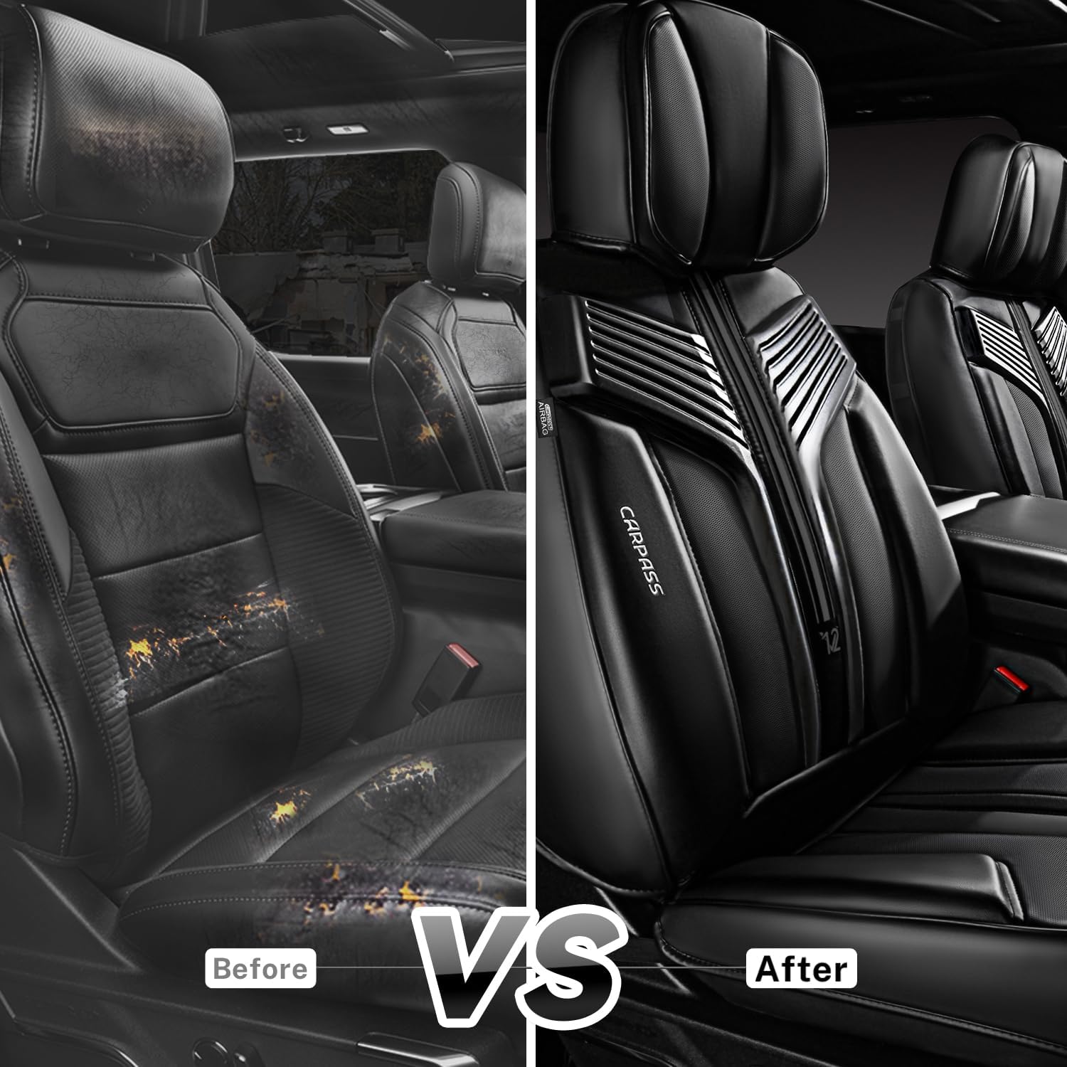 CAR PASS Nappa Leather Car Seat Covers Front Cushioned, Luxury Waterproof Durable Front Seat Protector for Cars, Waterproof Anti-Slip Seat Cushion Universal Fit SUV Pickup Truck Sedan Automotive Black