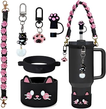 6PCS Cute Cat Stanley Cup Accessories Set for Stanley Cup 30oz 40oz, Includes Straw Topper, Siliocne Boot, Water Bottle Handle Strap, Cat Charms, Black