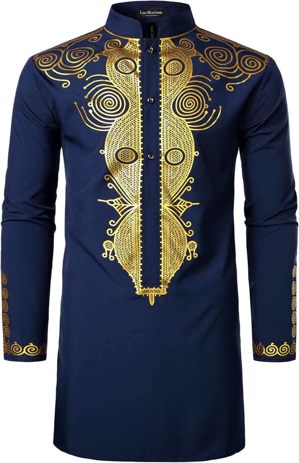 LucMatton Men's African Traditional Dashiki Luxury Metallic Gold Printed Mid Long Wedding Shirt