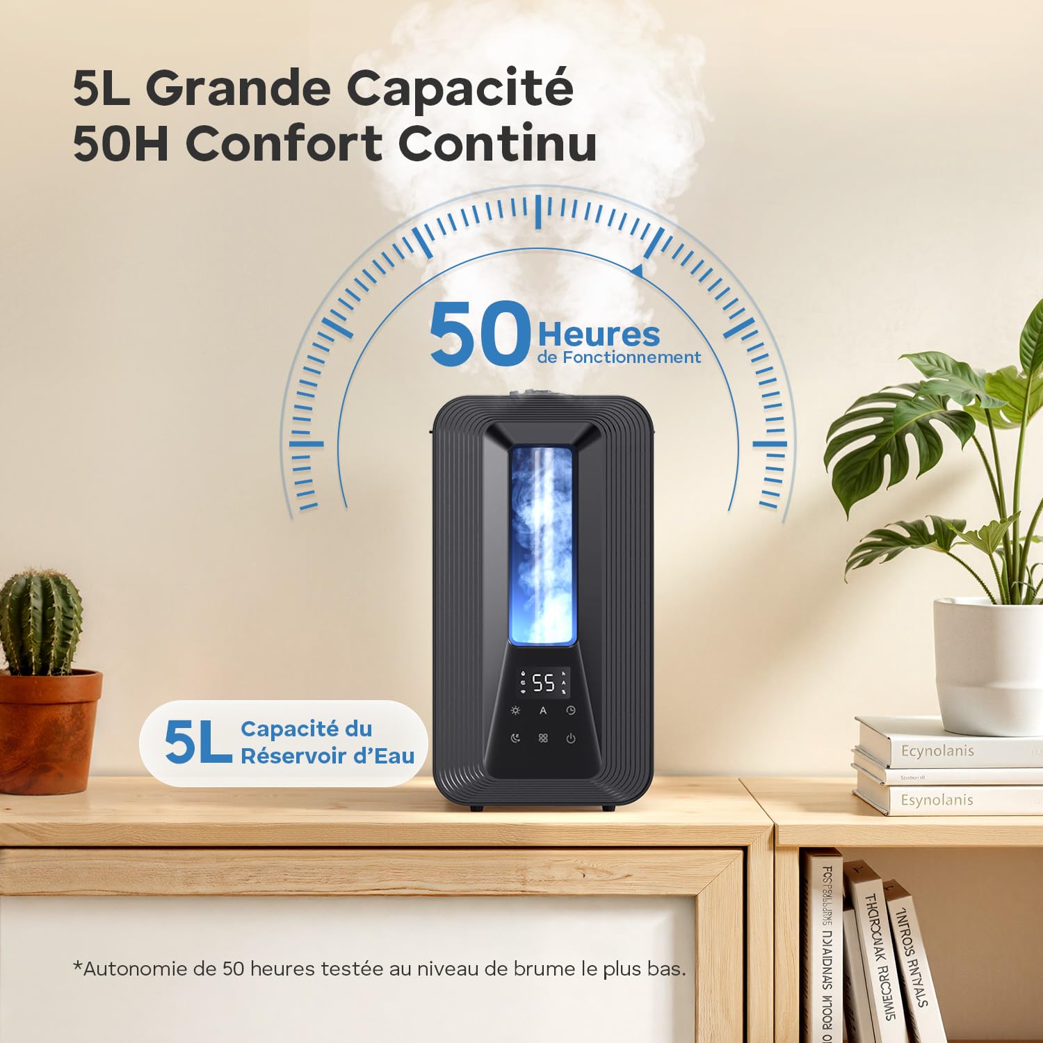 AROEVE Humidificateur d'Air Chambre Top-Fill, 5L Ultrasonique Brume Froide avec Diffuseur Aromes, Hygrostat Intelligent, Veilleuse, 50H/25dB Silencieux pour Bureau Bébé Plantes