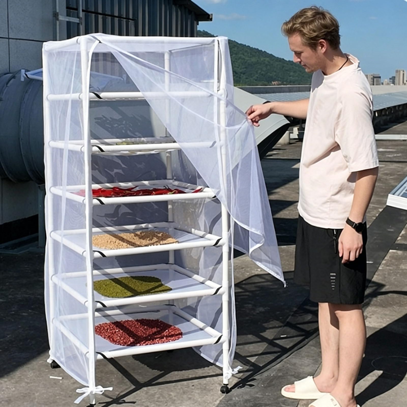 Mobiles Kräutertrockengestell mit Rollen und Mückenschutz 6 lagiges Trockennetz mit Reißverschluss für Kräuter trocknen,Pullover, Fleisch, Obst und Gemüse (Size:6 Layer)
