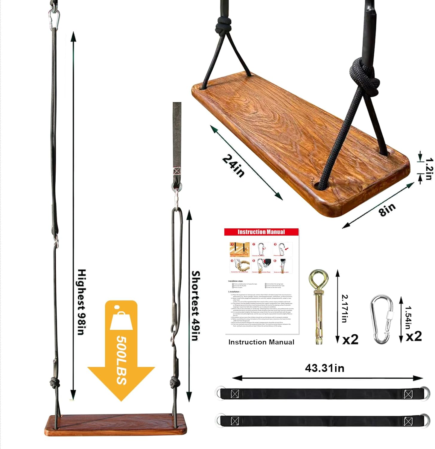 Wooden Tree Swing， Heavy Duty 500lbs Capacity Kids and Adults，Adjustable Climbing Rope Plus Tree Straps, 24"x 8"x 1.2" Wooden Swing Seat for Backyard & Indoor