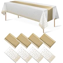 8Pack Disposable Plastic Tablecloths and Satin Table Runner Set White and Gold Dot Tablecloth Gold Satin Table Runner for Wedding Birthday Baby Shower Anniversary Christmas New Year Party Decorations