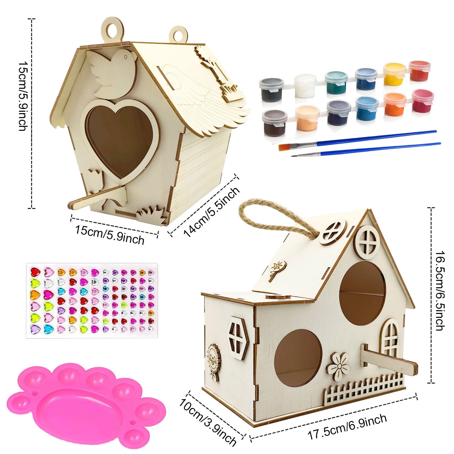 Set van 4 doe-het-zelf vogelhuisjes voor kinderen, bouwset van hout, vogelhuis, puzzel en speelgoed, cadeaus voor jongens en meisjes