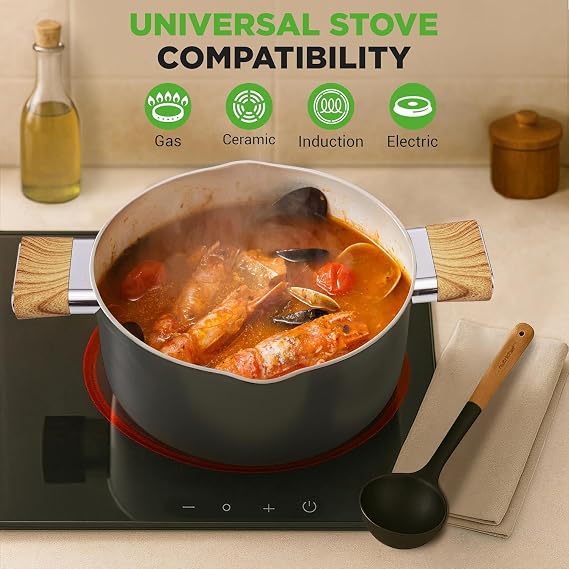 NutriChef 14 Pcs Nonstick Pots and Pans Set - Induction Safe Ceramic Cookware Set with Glass Lids, Cool-Touch Handles, Even Heat Distribution, Dishwasher Safe, Includes Spatula, Ladle, Tong -Black