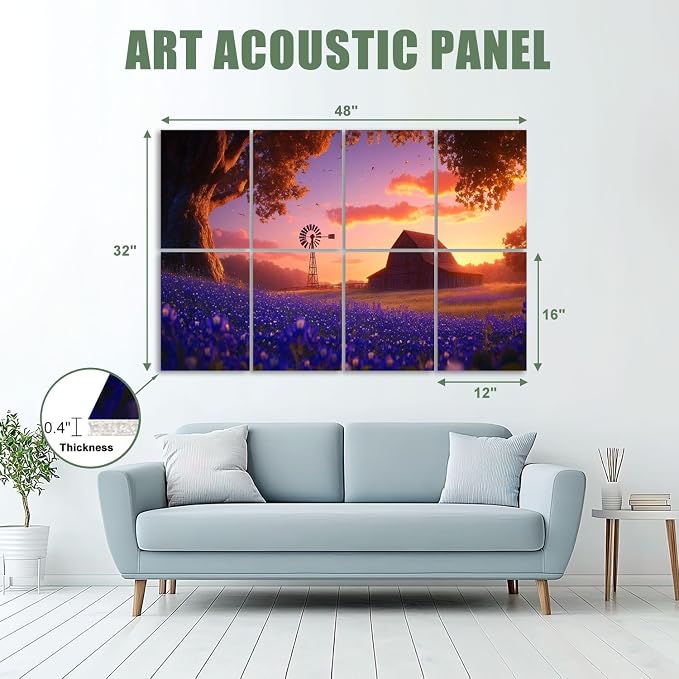 8 Pack de Paneles Acústicos Artísticos Absorbentes de Sonido con diseño de Paisaje de Texas, Flores Silvestres, Molino Rústico, Atardecer Occidental, Paneles decorativos para pared, Autoadhesivos para Estudios de Grabación y Oficina 48"x32" miniatura 2