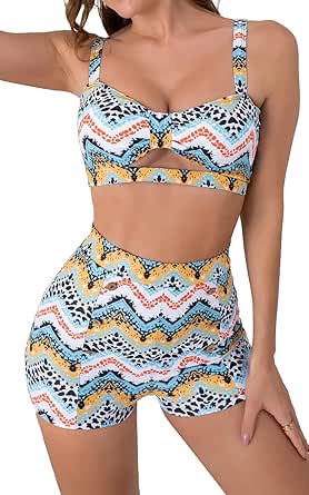 B2prity High Waisted Two Piece Bathing Suit for Women Ladies Swimsuit Vintage Swimwear Bikini with Boy Short Brazilian