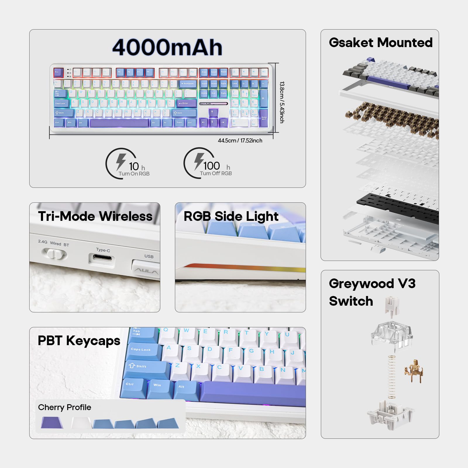 EPOMAKER Aula F108 Clavier Mécanique de Jeu sans Fil, 108 Touches, QWERTY us, Batterie 8000 mAh, Hot Swap et programmable, rétroéclairage RVB, pour Mac/PC (BlancViolet, GreywoodV3)