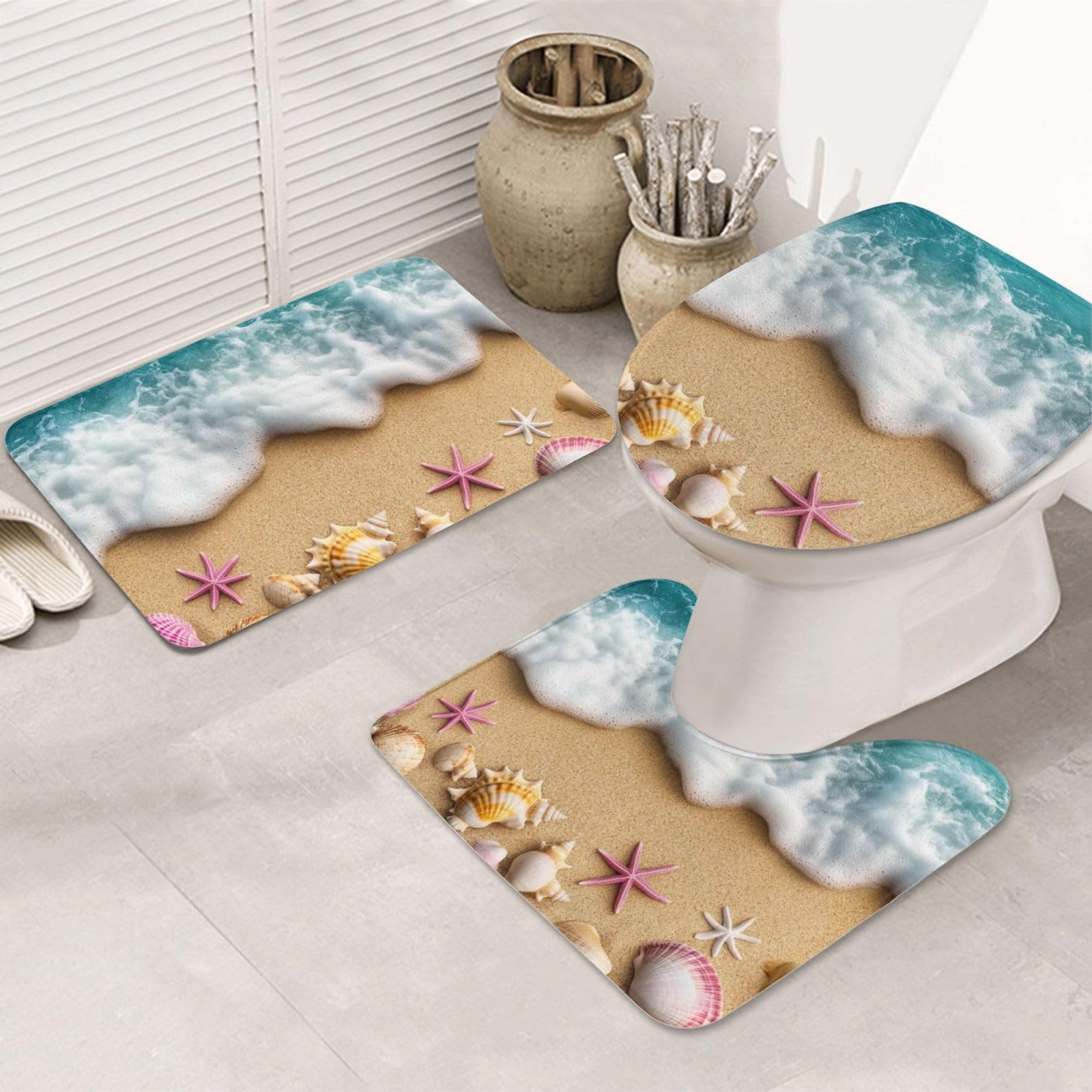 Juego de alfombras de baño con estrellas marinas alfombrilla contorno y tapa
