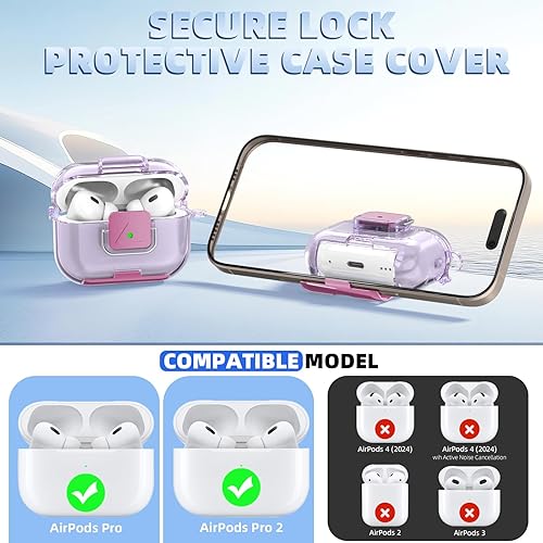 Miniatura 2 de Funda de bloqueo seguro para AirPods Pro 2 con soporte para teléfono, funda protectora de TPU suave y transparente a prueba de golpes para Airpods