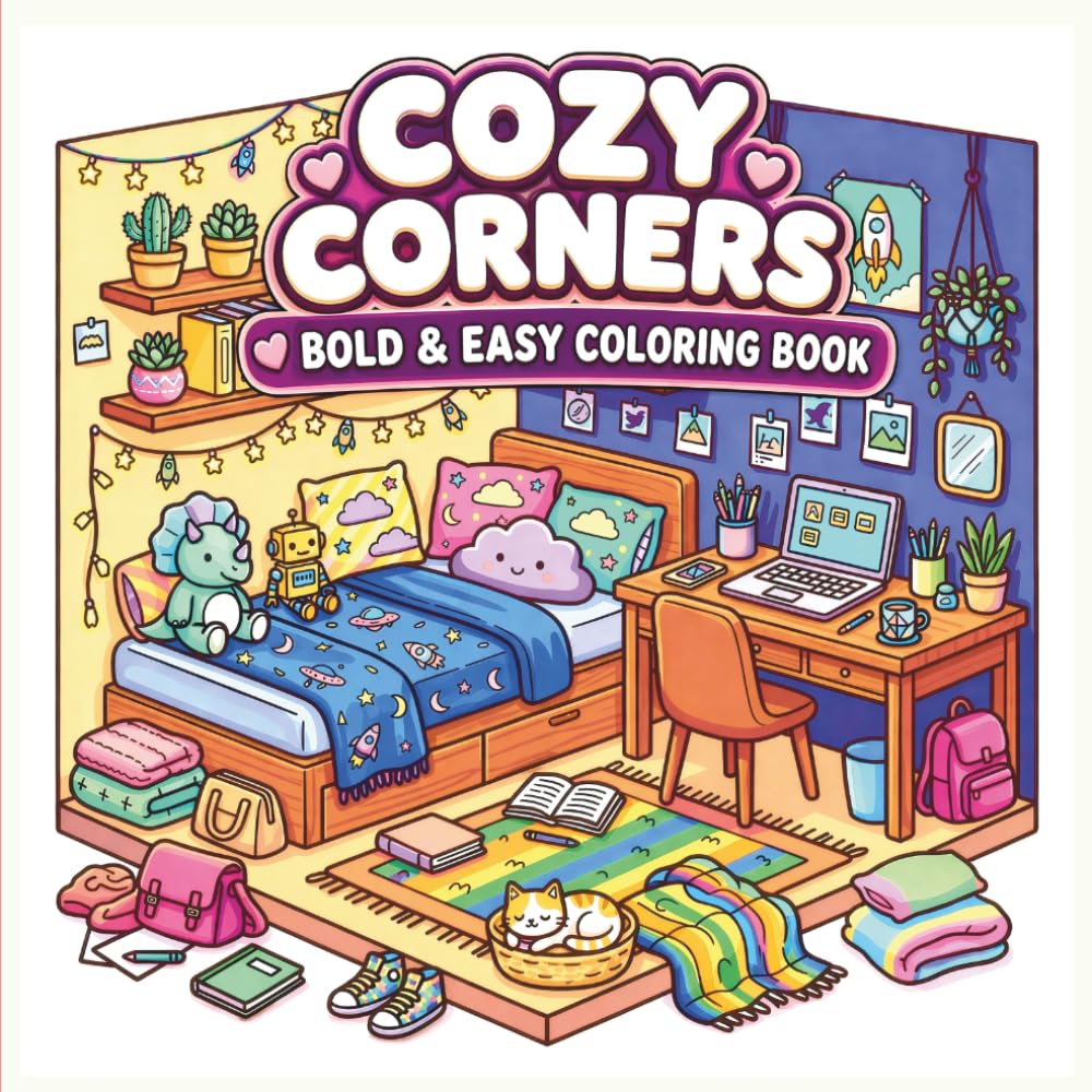 Cozy Corners: Bold and Easy Coloring Book Featuring Relaxing Rooms, Cute Aesthetic Spaces, and Kawaii Interiors for Stress Relief (Bold & Easy)