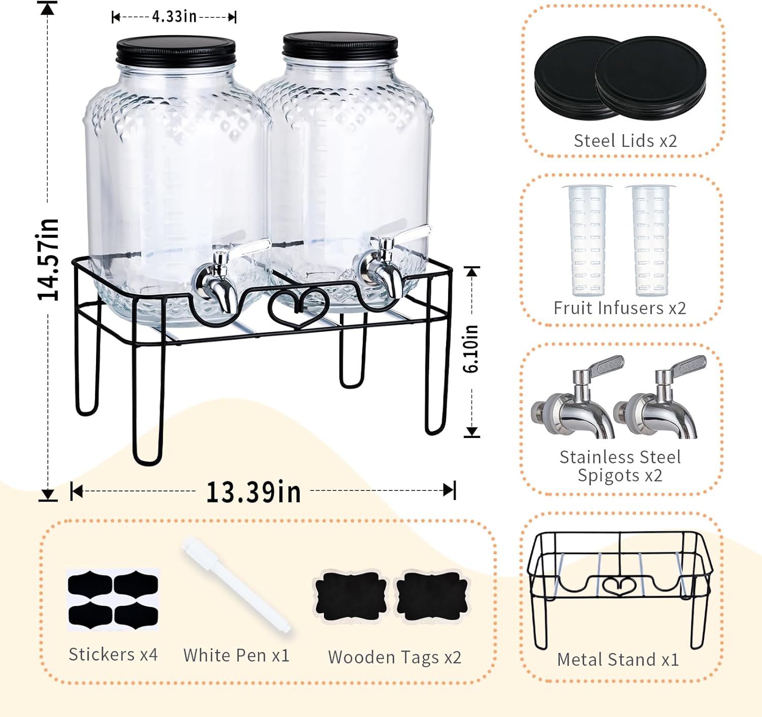 1 Gallon Glass Drink Dispensers for Parties, Beverage Dispenser with Stand and Fruit Infuser, Glass Lemonade Dispenser with Stainless Steel Spigot for Kombucha, Sun Tea, Juices, BBQ, Weddings - Image 6