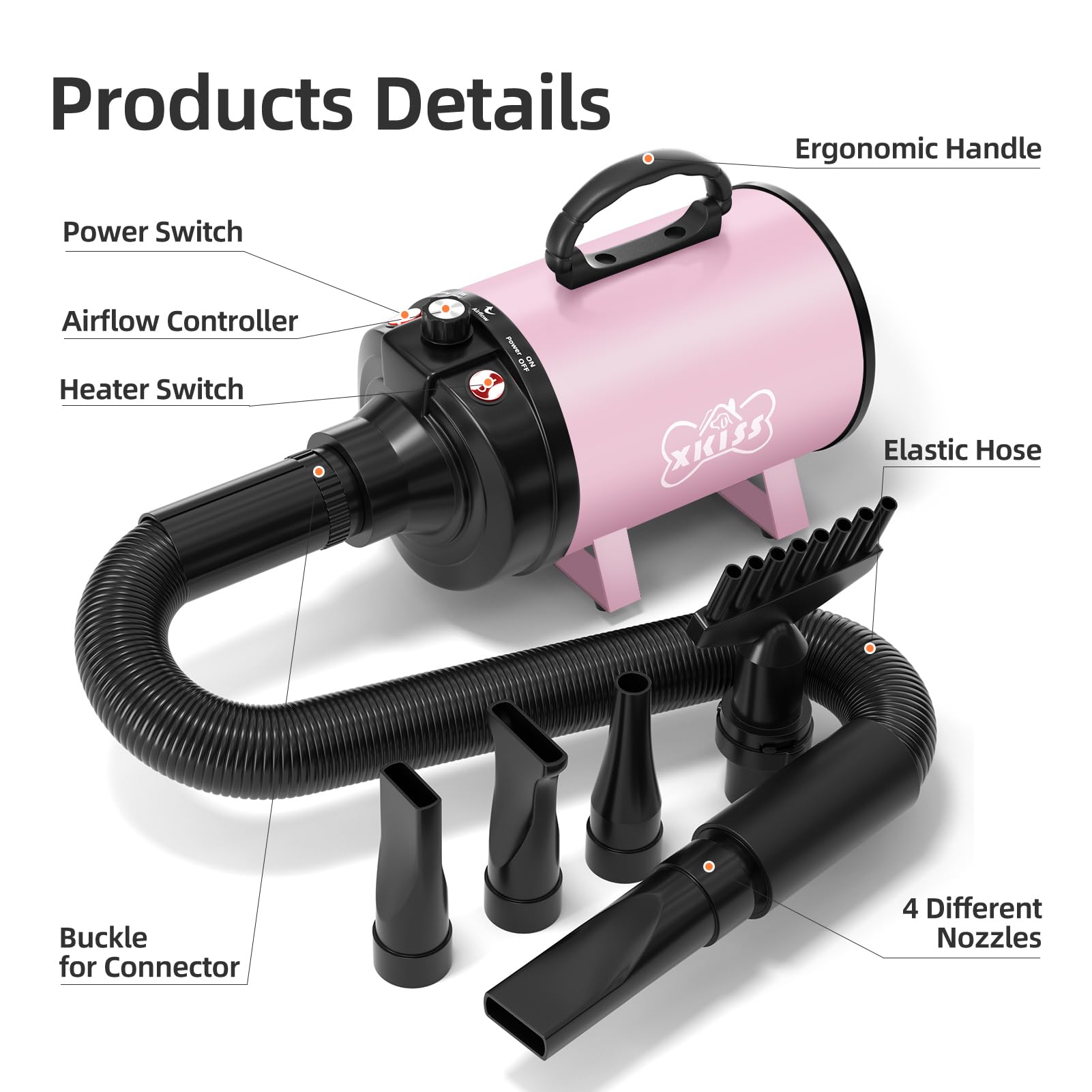 XKISS Soffiatore per Cani 4.5 PS / 3200 W Asciugatore per Cani Continua con velocità e Temperatura Regolabile Asciugacapelli per Animali Domestici，Grooming Cane Animali，con 4 Accessori.(Rosa)