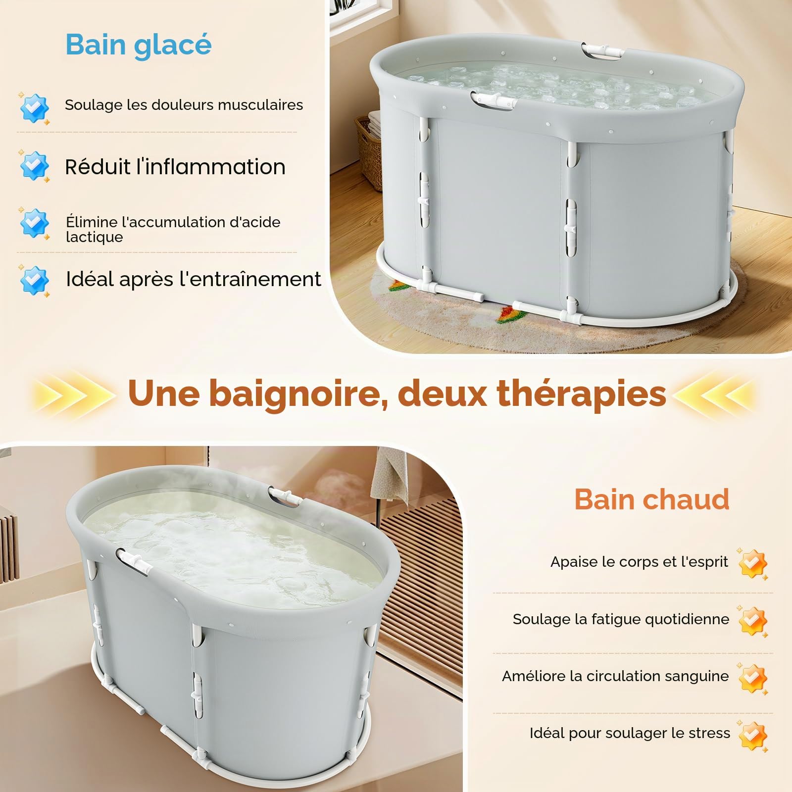 Baignoire pliable portable pour adultes, 110 Lx60Wx54 H cm, baignoire autoportante avec siège, spa avec douche chaude, baignoire pliable pour adultes et enfants (Gris-ovale)