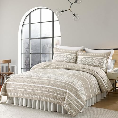 Vista 5 de Juego de edredón bohemio Queen, edredón 100% algodón, tamaño Queen, color beige, bohemio, estampado a rayas, ligero, reversible, para todas las Avena
