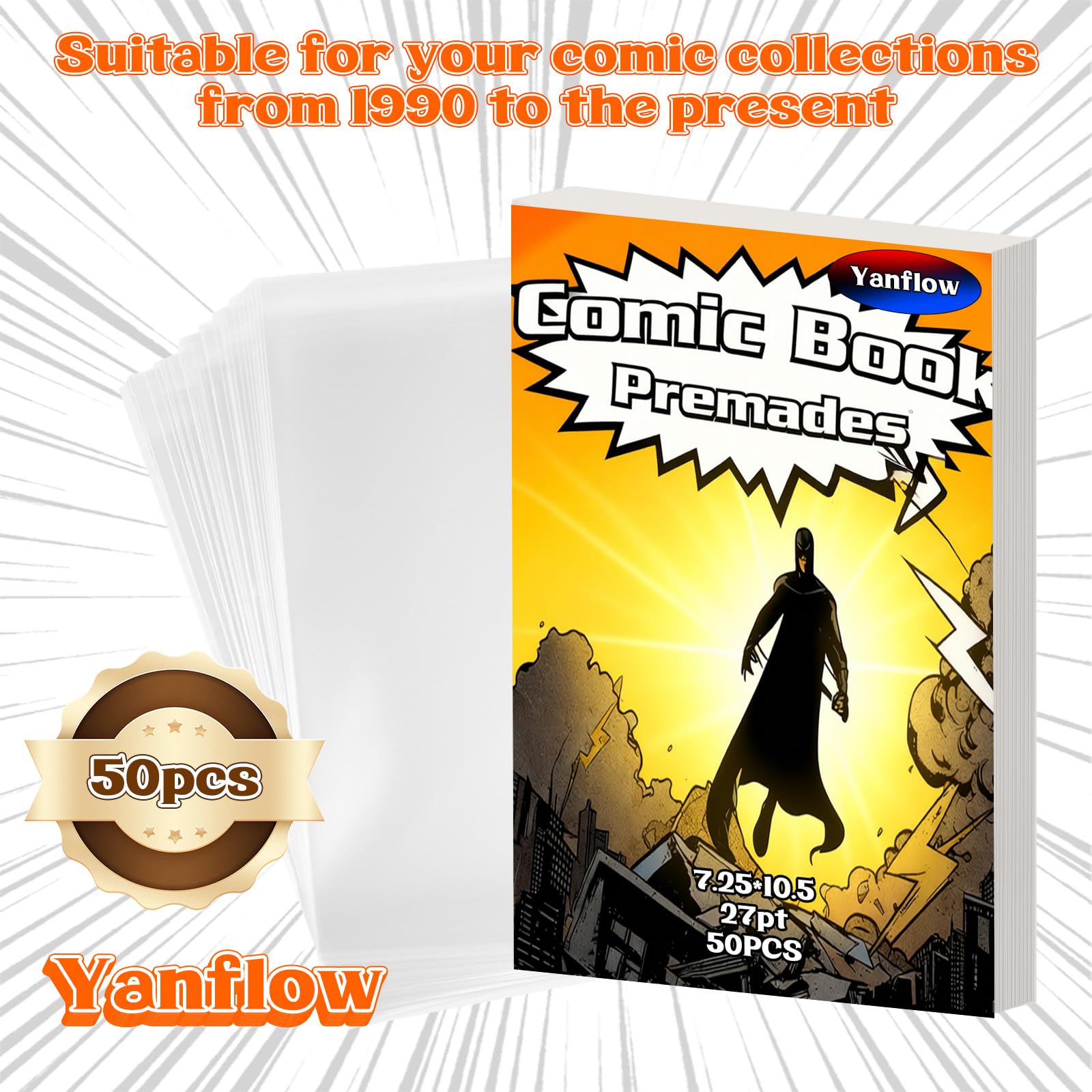 50 Pack Comic Book Bags and Boards Set 7.25x10.5 Inch Self-Sealing Comic Bags and Boards with Archival Boards for Long-Term Storage & Protection