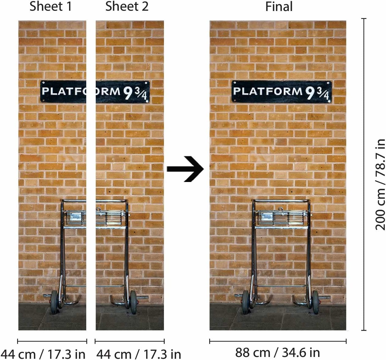 Wallflexi Door Mural Kings Cross Platform 9.75 Home Decoration Wall Art Murals Decals Living Room Nursery Restaurant Hotel Café Office Décor Removable Self-Adhesive Stickers, Multicolour