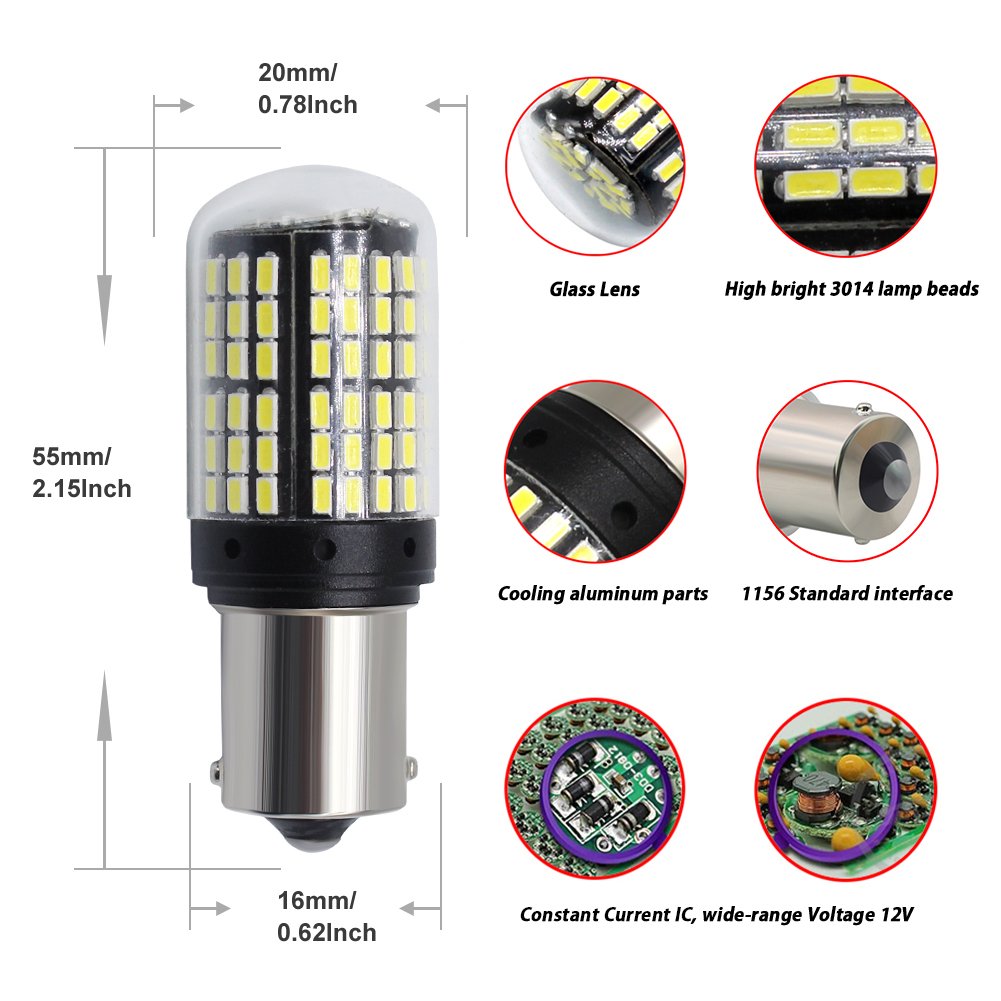 TABEN 1156 P21W LED 144 LED 3014 - 1000 Lumen 6000K Bianco Xenon Per Luci Retromarcia - 2 Pezzi